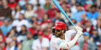 Bryce Harper of the Philadelphia Phillies uses a blue bat against the San Francisco Giants on April 14, 2025.