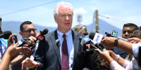 Sen. Chris Van Hollen, D-Md., speaks in San Salvador, El Salvador, on April 16, 2025. 