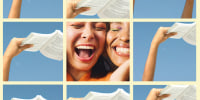Grid of hands holding a book in the air; one photo in the center of two young girls smiling 