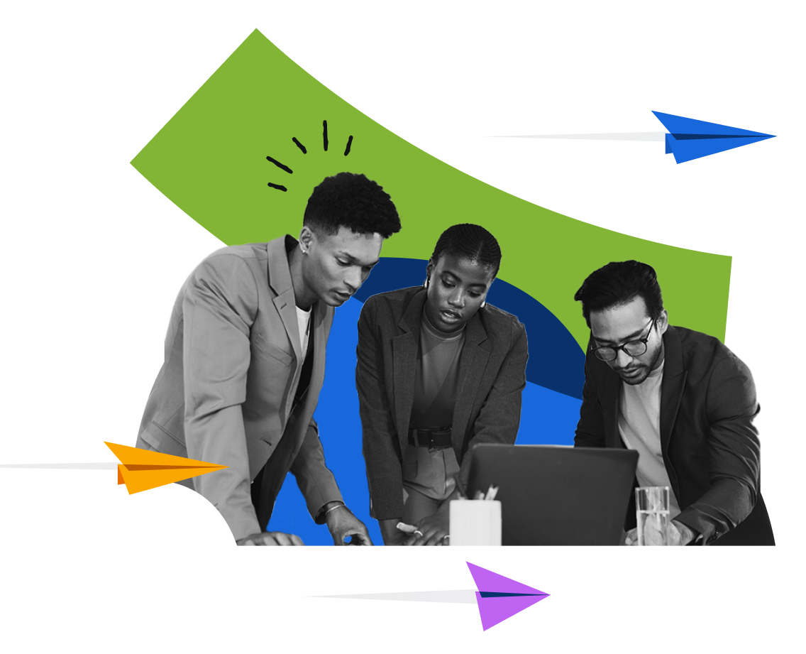 Illustration of people huddled over a laptop